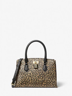 Torba Satchel Michael Kors Ruby Small Leopard Print Calf Hair Damskie Czarne | 185462-YLP