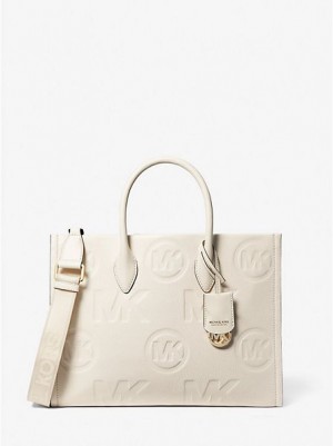 Torby Tote Michael Kors Mirella Medium Logo Embossed Pebbled Skórzane Damskie Kremowe | 305894-CZI