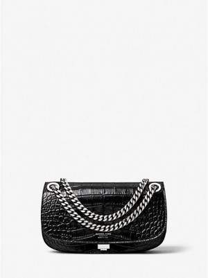 Torebki Małe Michael Kors Christie Crocodile Embossed Skórzane Envelope Damskie Czarne | 270931-NKL