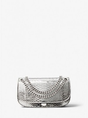 Torebki Małe Michael Kors Christie Metallic Python Embossed Skórzane Envelope Damskie Srebrne | 081346-JYG