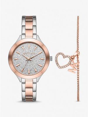 Zegarek Michael Kors Pave And Heart Bracelet Set Damskie Srebrne Różowe | 837052-VQI