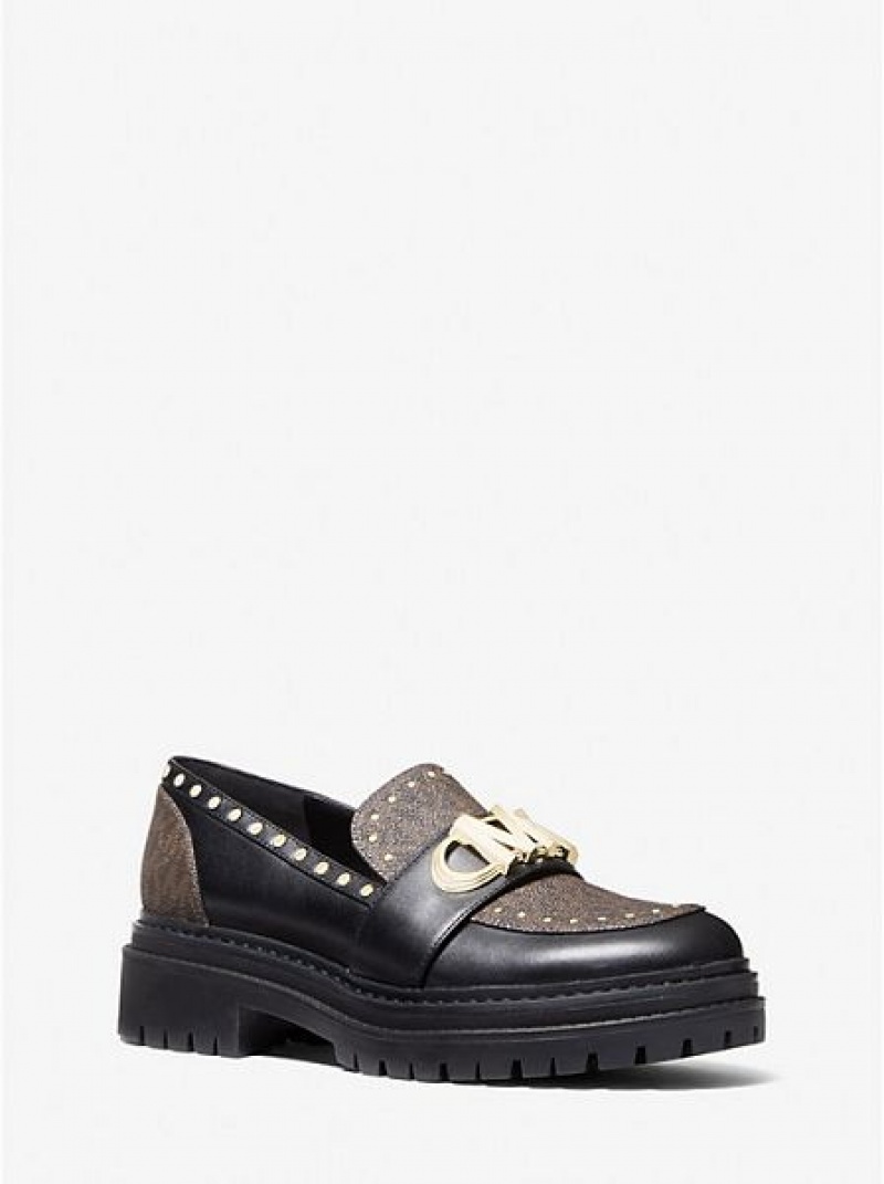 Loafersy Michael Kors Parker Studded Skórzane And Logo Damskie Brązowe | 852136-XVB