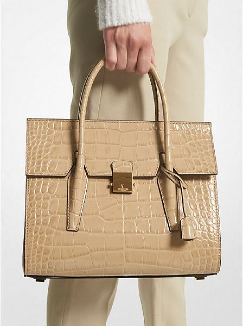 Torba Satchel Michael Kors Campbell Medium Crocodile Embossed Skórzane Damskie Khaki | 098423-JPM