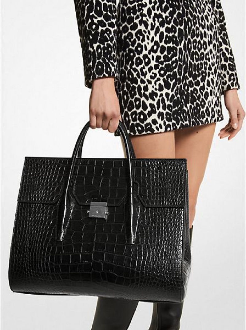 Torba Weekendowa Michael Kors Campbell Crocodile Embossed Skórzane Damskie Czarne | 874351-ERK