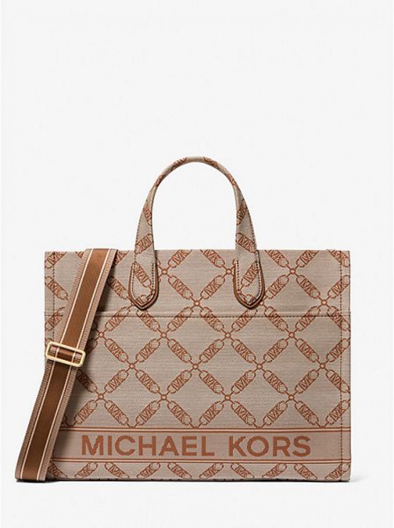 Torby Tote Michael Kors Gigi Large Empire Logo Jacquard Damskie Beżowe | 790643-ZPT