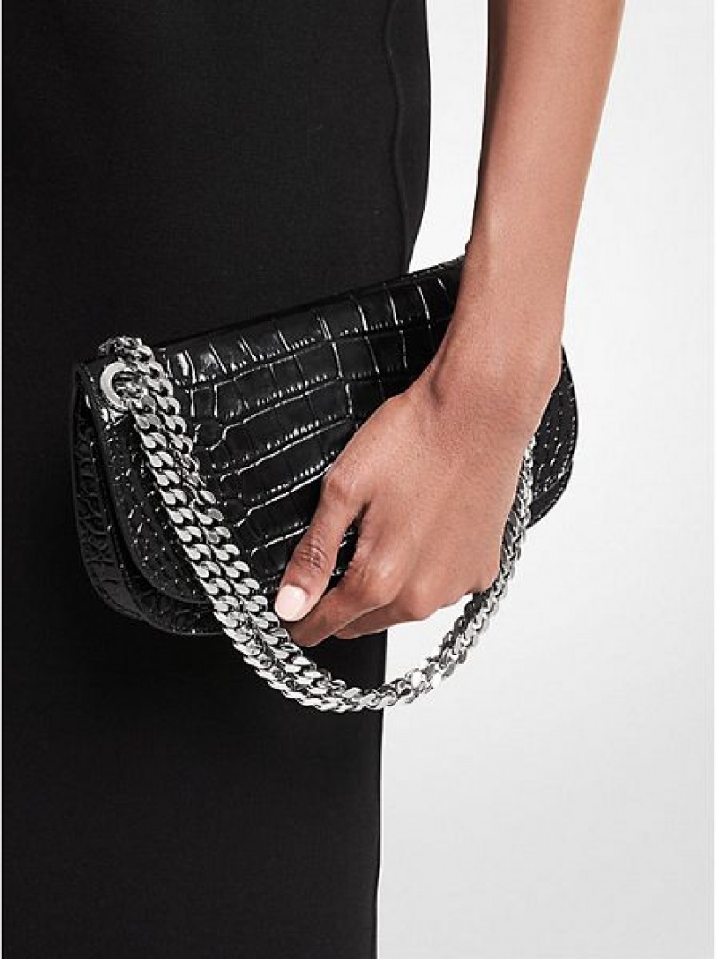 Torebki Małe Michael Kors Christie Crocodile Embossed Skórzane Envelope Damskie Czarne | 270931-NKL