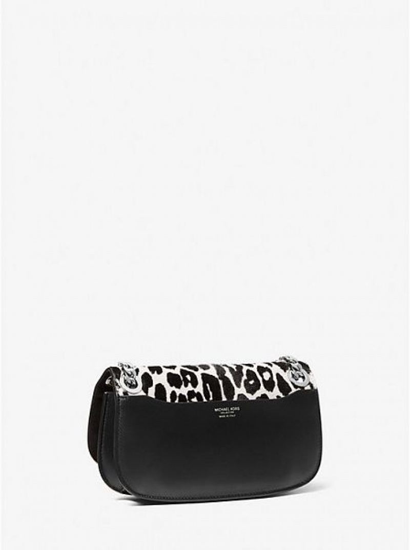 Torebki Małe Michael Kors Christie Leopard Print Calf Hair And Skórzane Envelope Damskie Czarne Białe | 045123-TFQ