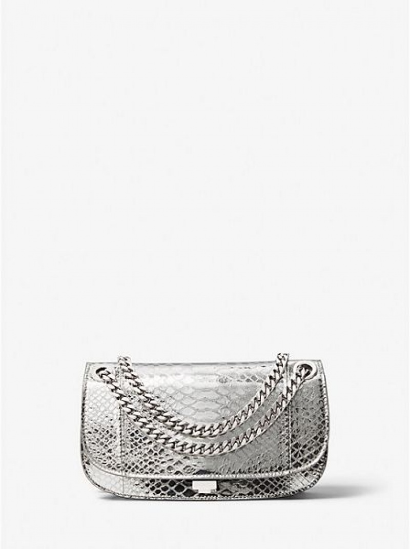 Torebki Małe Michael Kors Christie Metallic Python Embossed Skórzane Envelope Damskie Srebrne | 281705-GHP