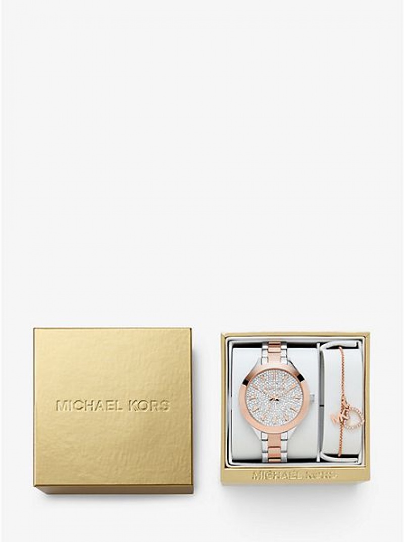 Zegarek Michael Kors Pave And Heart Bracelet Set Damskie Srebrne Różowe | 837052-VQI